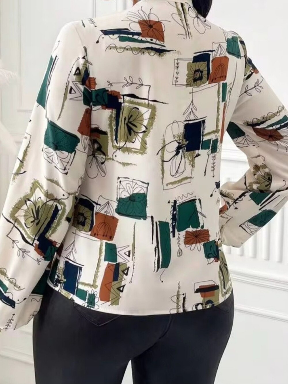 SHEIN Womens Ivory Abstract Geometric Artsy Sketch Print Tie Neck Longsleeve Top - Picture 15 of 16